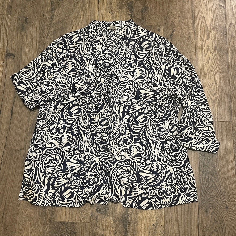 Susan Bristol Woman 2X Navy White Paisley 100% Linen 3/4 Sleeve Button Up Top